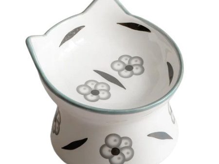 Dexypaws Bol surélevé en céramique pour chat 7 oz, Blanc avec imprimé de fleurs blanches et noires Online