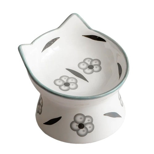 Dexypaws Bol surélevé en céramique pour chat 7 oz, Blanc avec imprimé de fleurs blanches et noires Online