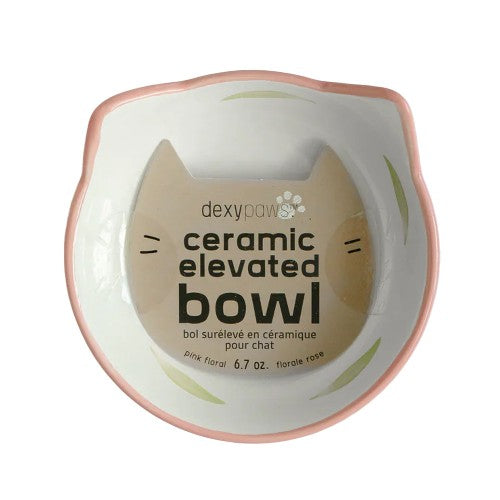 Dexypaws Bol surélevé en céramique pour chat 7 oz, Blanc avec imprimé de fleurs blanches et roses Sale