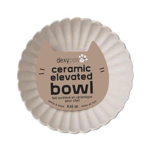 Dexypaws Bol surélevé en céramique pour chat 8.45 oz, Blanc dentelé avec fleur noire Cheap