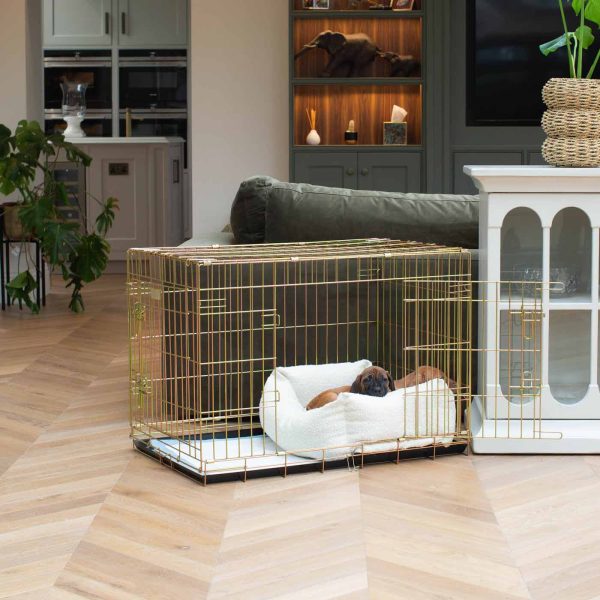 Gold Dog Crate with Cosy & Calming Puppy Crate Bed in Ivory Bouclé by Lords & Labradors Cheap