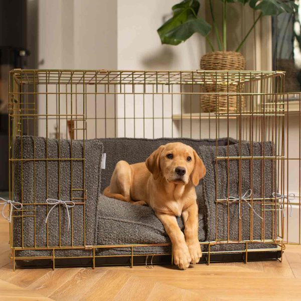 Gold Dog Crate with Cushion & Bumper in Granite Bouclé by Lords & Labradors For Discount